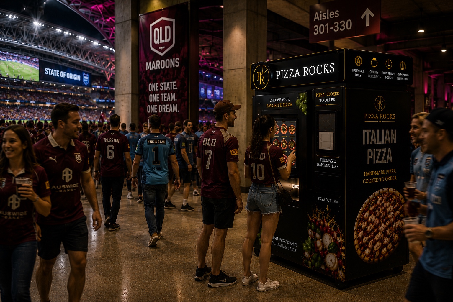 Pizza Rocks vending machine positioned in a stadium or entertainment venue